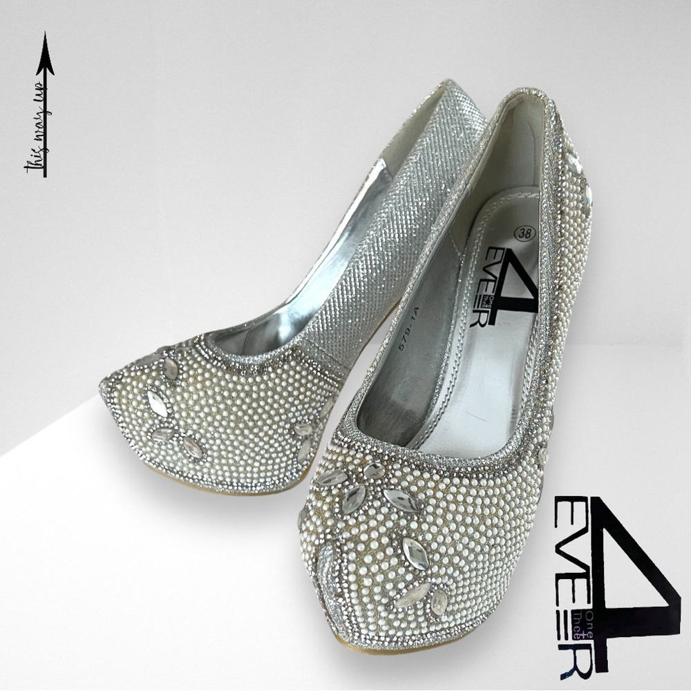 4 EVER ONE + THEE Pearl and Rhinestone Encrusted Platform Stiletto Heels